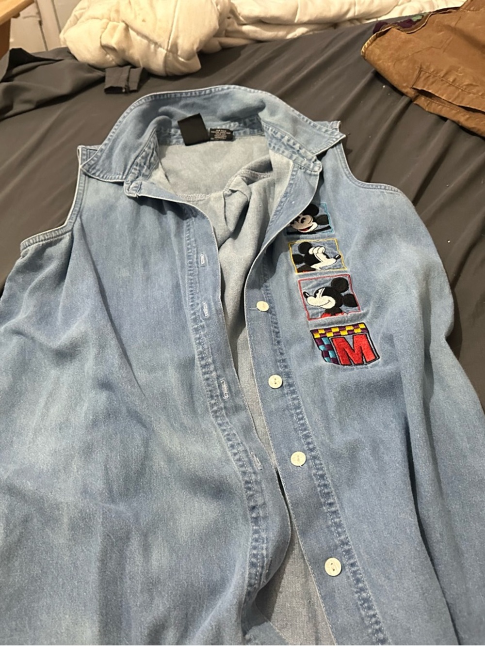Vintage Style Light Blue Denim Vest with Mickey Mouse Embroidery